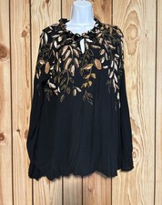 Wonderly New Women's Top Peasant Blouse Boho size XL BLACK long sleeves Rayon  picture