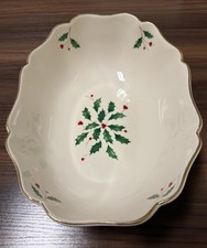 RARE Lenox Christmas Holiday DEEP Oval Scalloped Gold Trim Serving Bowl picture
