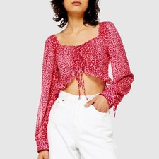 NWOT Topshop Red/Pink Leopard Prairie Cropped Blouse Size US 10 picture