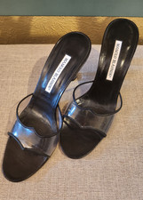 Vintage Rare Manolo Blahnik Clear PVC Lucite Heel Mules Black Leather Sz 37 Y2K picture