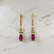 Vintage 14K Yellow Gold Natural Ruby Diamond Dangle Earrings 1.00CTW picture