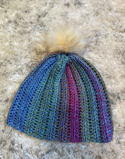 Women's Multicolor Striped Knit Beanie Hat Pom Pom Stretch One Size picture
