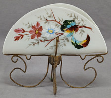 Antique Bohemian Hand Enameled Floral White Opaline Glass Vase With Brass Stand picture