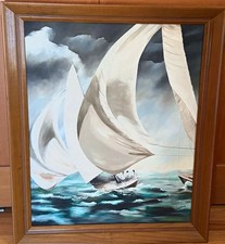 Mid-Century Signed Framed Realism Seascape Sailboat Painting Andre Michel MCM picture