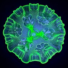 Antique Dugan Green Opalescent Uranium Glass Ghost Flower Footed Bowl 8.75” picture