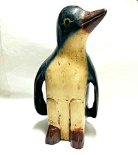 Folk Art Primitive Carved Wood Penguin Figurine Hand Painted Thailand Pier One  picture