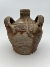 Antique French Wood Fired Stoneware Pottery Two Handle Oil Jug Demijohn 6.25” picture