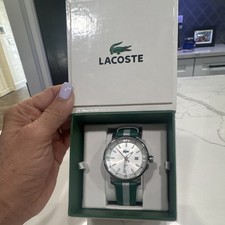 Lacoste Quartz Analog Wristwatch White Dial Date Green/White Fabric Strap Box picture