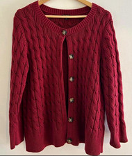 Talbots Women’s L Red Cable-Knit Button Front Crew Neck Cotton Cardigan picture