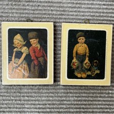 Vintage Dutch Children Wood Wall Plaques Set of 2 Miniature Folk Art Boy Girl picture