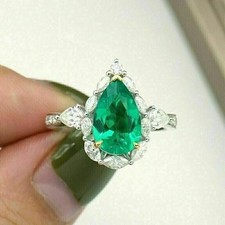 5.00 Ct Pear Cut Natural Emerald Diamond 14K Real White Gold Wedding Ring Size 8 picture