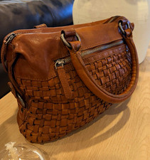 Vilenca Holland Brown Woven Satchel Top Handle Bag Silver Hardware, Medium Women picture