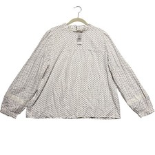 LOFT Blouse Womens Large White Diamond Print Lace Trim Boho Ruffle Neck picture