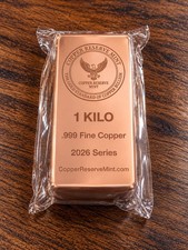 1 Kilo .999 Fine Copper Bullion Bar- Mirror Polished - 2026 -COPPER RESERVE MINT picture