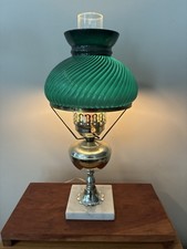 Antique Style Electric Banquet Lamp w/ Green Cased Ribbed Swirl Glass Shade picture