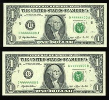 1993 $1 FRN SERIAL 44444400 MATCHING PAIR picture