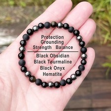 Protection Bracelet 6mm Black Onyx Tourmaline Obsidian Hematite Stone Bracelet picture