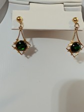 Vintage Green Cabochon Geometric Dangle Earrings Gold Tone 1990s Costume Jewelry picture