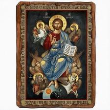 Christ in Majesty Orthodox Icon on Wood, Handmade Jesus Christ Wall Plaque picture