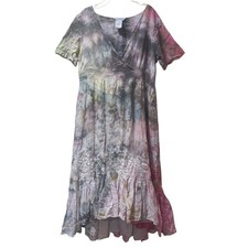 The Paragon Tie Dye Cotton Maxi Dress Pink Grey Lace Smocked Waist Medium Boho picture
