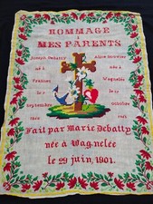 Antique 1901 French Sampler Hommage A Mes Parents Needlework Embroidery Cross picture