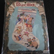 Vtg 1991 Bucilla Snowman & Angels Needlepoint Stocking Kit 60707 Linda Gillum picture