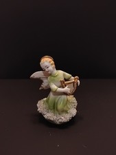 Angel With Green Dress Playing Harp Gold Halo W/Spaghetti Trim Vintage picture