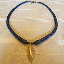 Lapis Lazuli Blue Heishi Beaded Necklace Leaf Charm Pendant Hook Clasp picture