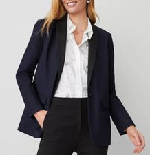 NWT ANN TAYLOR NIGHT SKY THE LONGLINE TUXEDO BI-STRETCH TWILL BLAZER JACKET 10 picture