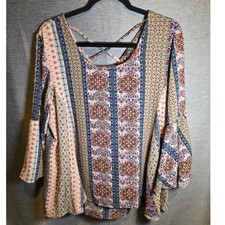 Umgee Women Orange Tan & Navy 3/4 Split Bell Sleeve Boho Tunic Top SZ LG picture