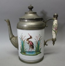Fine 19th C. Large FRENCH ENAMELED Pewter Pitcher w/ Herons, c. 1880s   antique* picture