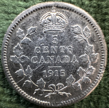 1915 5 Cent Canada Almost Uncirculated Details KM-22 .925 Ag  picture