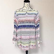 Talbots Petites PL Blue Black Geometric Keyhole Tie Sleeve Blouse Boho Festival picture