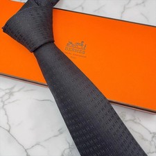 Hermes Tie Fasone H Pattern Black Silk Made in France picture