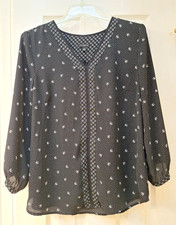 Talbots Black White Floral 3/4 Sleeve V Neck Blouse Top Women Size M EUC picture