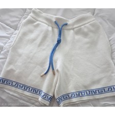 YoungLA 116 Cream Terry Towelling Shorts Greek Key Blue Cord Men's Size S EUC picture