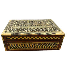 Vintage Khatam Marquetry Hinged Mosaic Mother of Pearl Inlay Wood Trinket Box picture