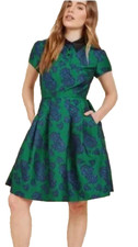 ModCloth retro Uniqueness on Offer Brocade fit Flare Dress Green Blue roses XS picture
