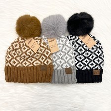 C.C Diamond Print Pom Beanie for Adults, Winter Hats, Premium Hats, Warm Gift picture