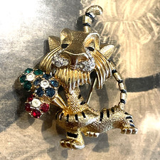 Vintage Jomaz Gold Tone Tiger Rhinestone Bouquet Pin Brooch with Enamel picture
