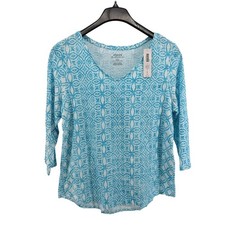 NEW Chico's Ultimate Tee Women 2/Large Top Turquoise Geometric 3/4 Sleeve V-Neck picture