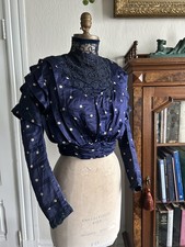 Antique Victorian Bodice Blouse Top Rare Blue Silk Polkadot Lace High Neck 25w picture