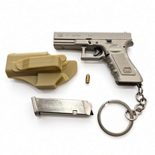 Mini Metal Satin-Gray Gun/Pistol Key Chain w/ Tan Holster, Detachable Key Ring picture