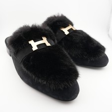 * Hermes Mink Fur Suede Royal Leather Black Mules Gold Hardware Constance H 9K picture