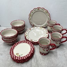 Temptations 16pc Service for 4 RED Gingham Garden Plates Bowls Mugs Ladybug NEW* picture