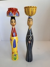 Vintage Ryukyu Miyarabi Kokeshi Dolls Okinawa Japan Set of 2 Hand Painted Wood picture