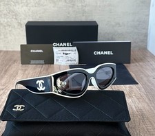 CHANEL SUNGLASSES BLACK WHITE FRAME 100% AUTHENTIC CLASSIC 6056 CAT EYE SHIELD picture