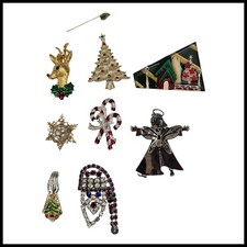 Vtg Christmas Brooch Pin Lot 8pc SIGNED Castillo Gerrys Monet Lucinda Rhinestone picture