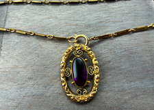 Antique Victorian 1800’s amethyst ornate scroll gold fill pendant large on chain picture