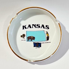 Vintage 1980's Kansas State Souvenir Ceramic Ashtray Gold Rim  Travel Amaricana picture